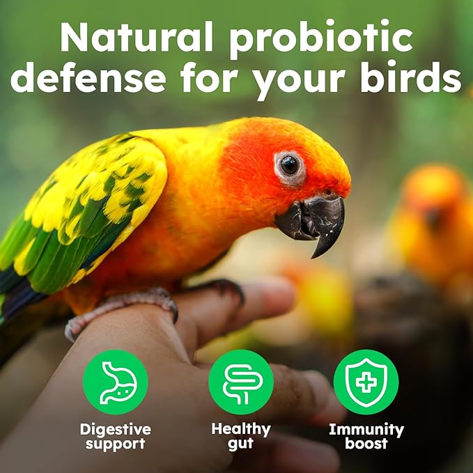 Avian Probiotics for Birds & Parrots – Digestive & Gut Health Support Powder with Prebiotics (FOS), 6-Strain Formula for Parrots & Pet Birds (120 Servings)