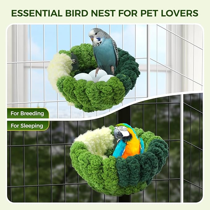 Admaison Bird Nest for Cage,Plush Hanging Bird Bed for Parakeet,Breeding Bird House for Conure,Budgie,Cockatiel,Lovebird,Canary,Finch,Hamster,Small Pets,Warm Nest (Green, S)