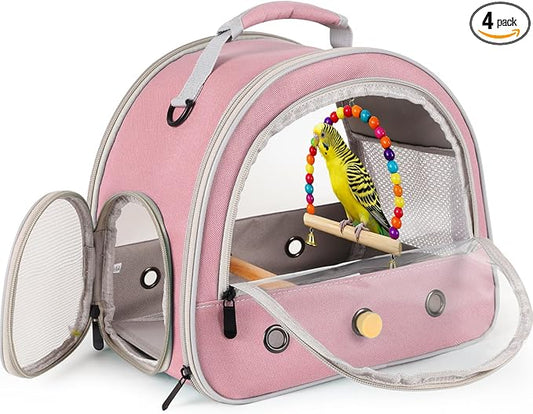Portable Parrot Travel Cage Carrier with Small Swing Toy&Cage Colorful Toys Set Small Bird Parakeet Bag with Standing Perch Bird Carry Transport Bag (Pink, Carrier/Swing)