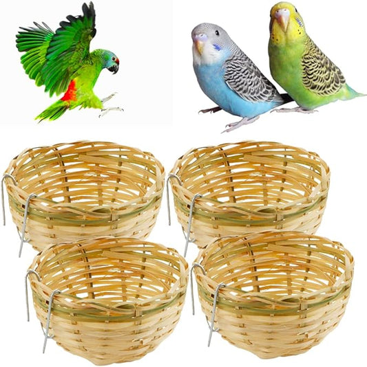 4 Pack Tiny Handwoven Bamboo Bird Nest Cage House Hatching Breeding Cave with Hook for for Small Bird Parrot Budgie Parakeet Cockatiel Conure Lovebird Finch Canary Cockatoo African Grey