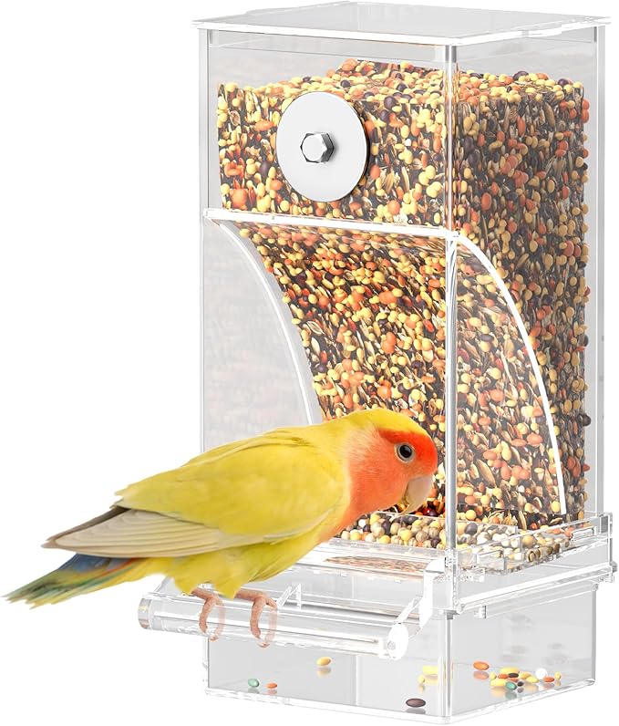 Pawfly Automatic Bird Feeder, Bird Feeder for Cage, No Mess Bird Feeder, Clear Acrylic Bird Cage Feeder, Parrot Feeder for Parakeet, Cockatiel, Budgie & Small Birds