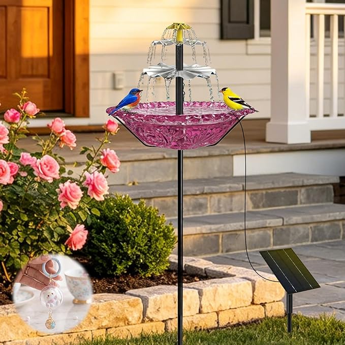 Bird Bath Fountain Solar for Outside, Outdoor Water Fountain Plastic, Attracts Birds with Cascading Spray for Yard & Patio (Purple)