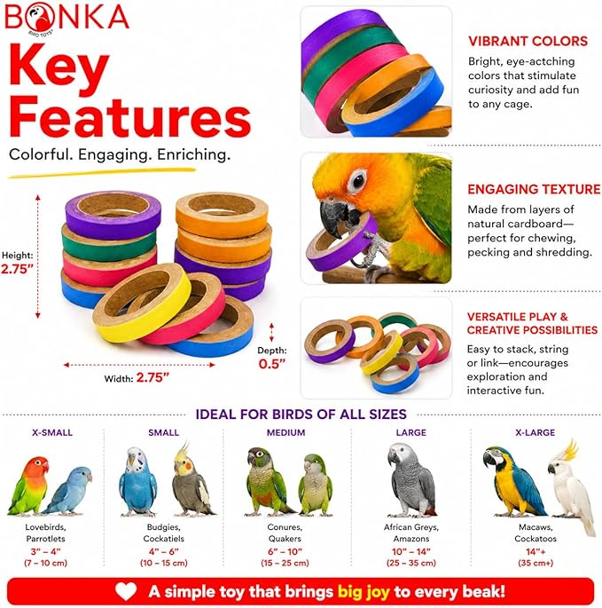 Bonka Bird Toys 2113 Pk12 Chew Bagels, 12-Pack, 2.75" Diameter, Colorful Compressed Cardboard Rings for Chewing, Foraging, and Cage Enrichment, Safe for Parrots, Parakeets, Cockatiels, and Conures