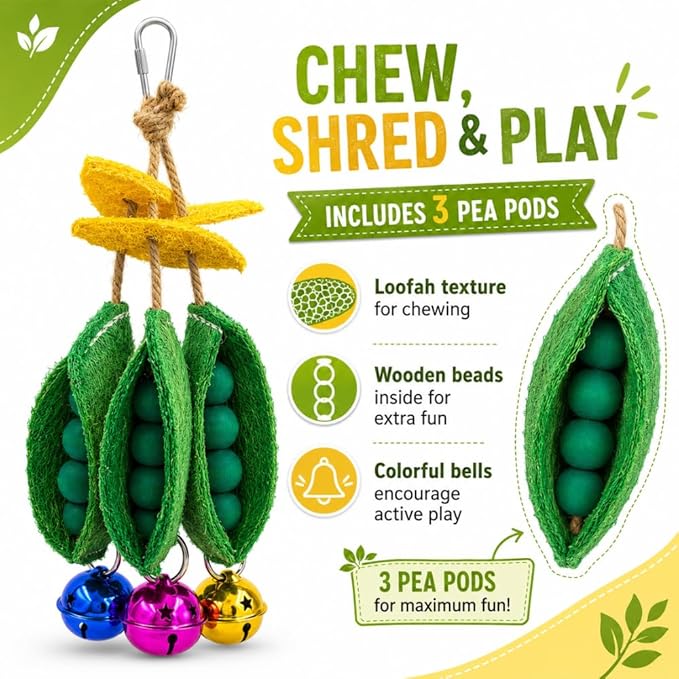 Loofah Bird Toy for Parakeets, Triple Pea Pod Hanging Bird Chew Toy with Wooden Beads & Colorful Bells, Bird Cage Accessories for Budgies, Cockatiels, Lovebirds, Conures