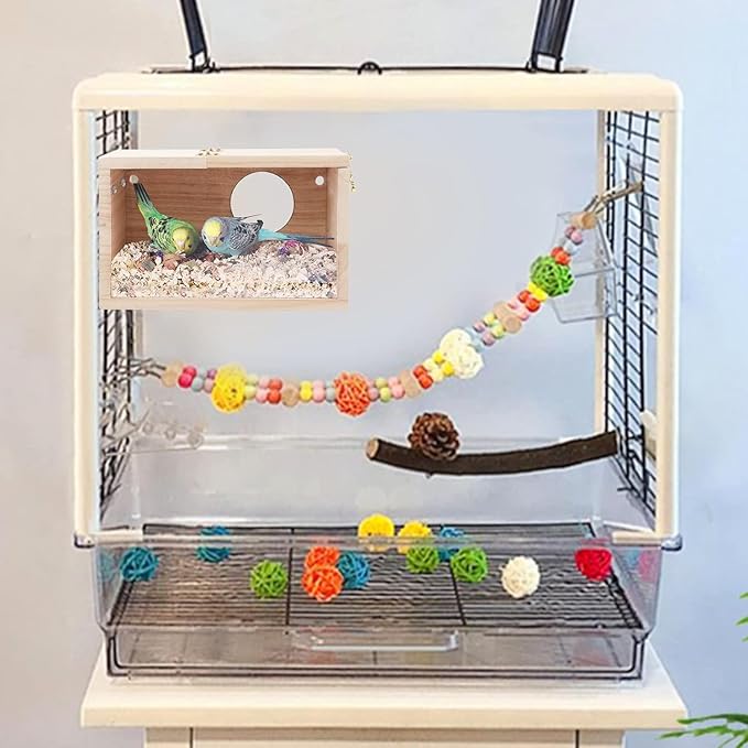 Natural Wood Nesting Box for Parakeet Birds Transparent Design Breeding Box with Perch Wood Bird Cage House for Cockatiel Lovebirds Budgie Finch Parrotlets Canary (X-Large)