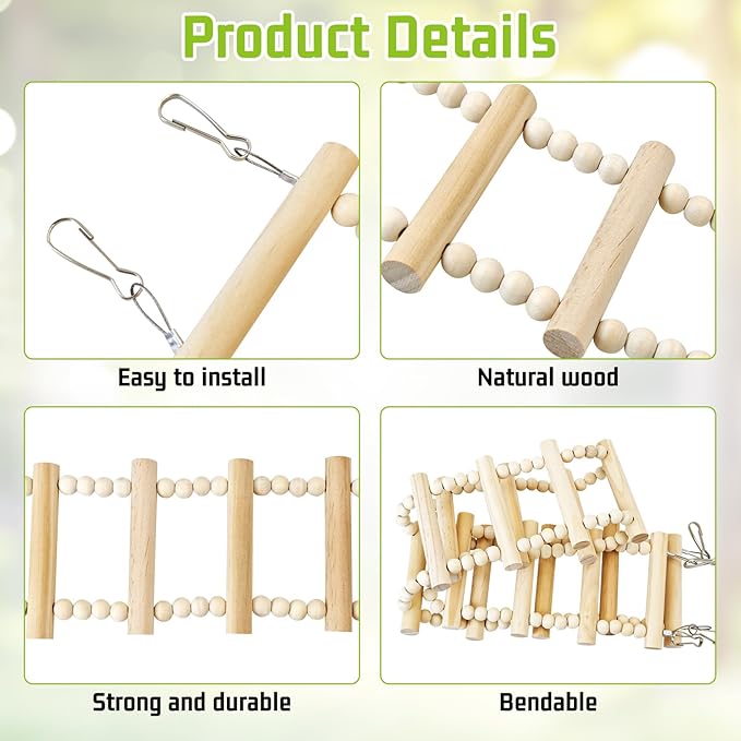 BNOSDM Long Bird Ladder Bridge 39.4 in Wooden Parakeet Climbing & Swing Toys Bird Cage Accessories for Budgies, Cockatiels, Conures, Lovebirds, Canaries (16-Steps)