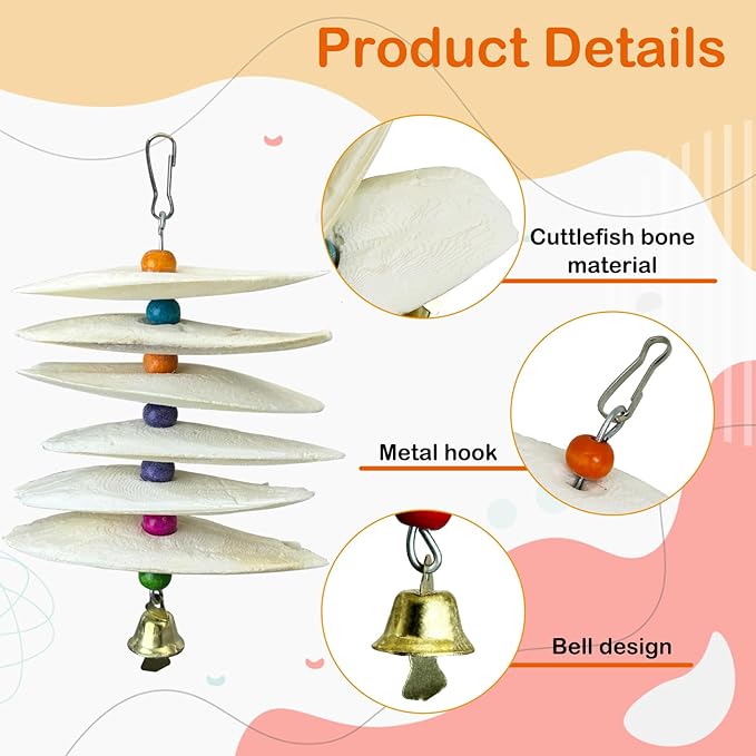 3 Pack Bird Chewing Toy Cuttlebone Parrot Toy with Bell Hanging Bird Beak Grinding Stone Parakeet Cage Accessories for Small & Medium Budgies Lovebirds Cockatiels (Flake, 6 Per Skewer)