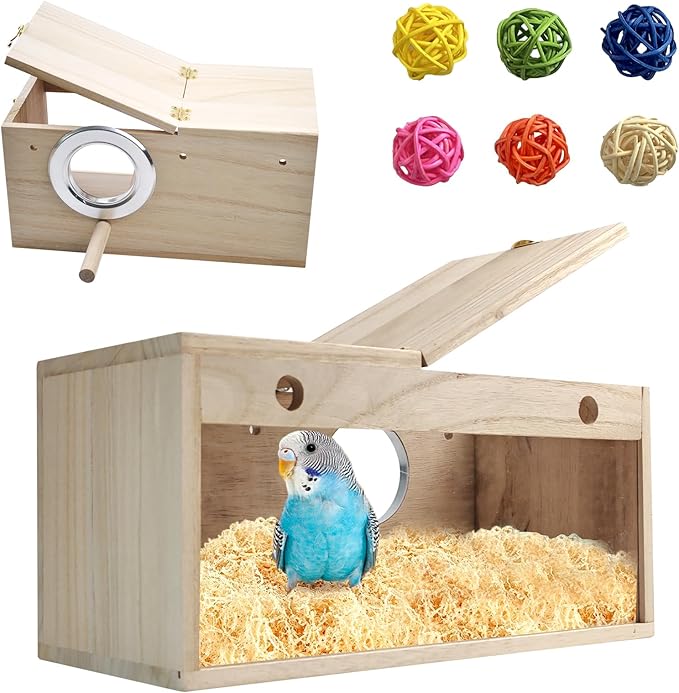 Natural Wood Bird Nesting Box,Acrylic Parakeet Nesting Box Transparent Cockatiel Nest House with Perch Wooden Parrot Nest for Lovebird Budgie Conure Canary Finch(Medium)