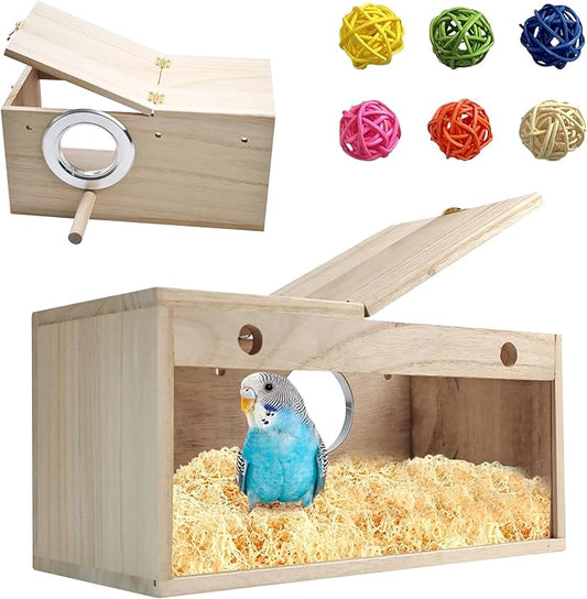 Natural Wood Bird Nesting Box,Acrylic Parakeet Nesting Box Transparent Cockatiel Nest House with Perch Wooden Parrot Nest for Lovebird Budgie Conure Canary Finch(Medium)
