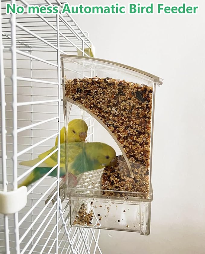 Hamiledyi 2Pcs No Mess Bird Feeder Automatic Bird Cage Feeder Transparent Acrylic Parrot Seed Food Container with Perch for Parakeet Finch Lovebirds Budgies Canary