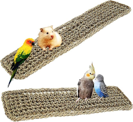 20.5 x 7.9 Inches Bird Seagrass Mat, Natural Grass Woven Bird Net Hammock Mat, Climbing Rope Ladder Chew Toy, Bird Cage Accessories for Parrots, Psittacines, Cockatiels, Hamsters, Lovebirds（2 Pack）