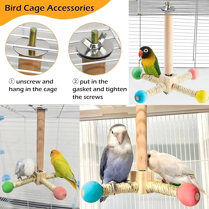 Bird Stand Perch Toy, Interactive Spinning Parakeet Toys, Wooden Exercise Wheel Parrot Toy, Enrichment Cockatiel Toy for Birds Cage, Bird Cage Accessories Perch Toys for Budgies (Small)