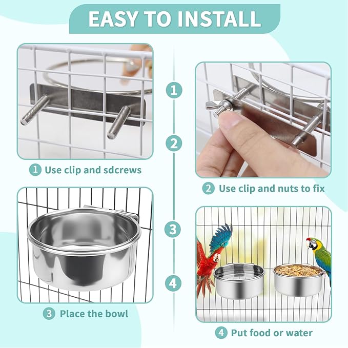 2 Pcs Bird Feeder Bowls with 3 Pcs Food Holder for Cage, Parrot Food Water Bowls and Fruit Skewer Foraging Toy, Stainless Steel Bird Feeding Dish Cups for Small Animals (Silvery, 5 Pcs)