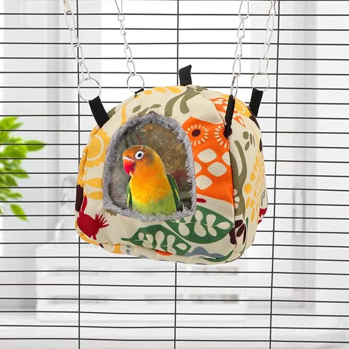 Wontee Bird Plush Hammock Parrot Hanging Snuggle Cave Happy Hut Tent for Parakeet Cockatiel Conure Lovebird Budgie Hamster Gerbil Rat Chinchilla Squirrel Cage (S, Beige Pattern)