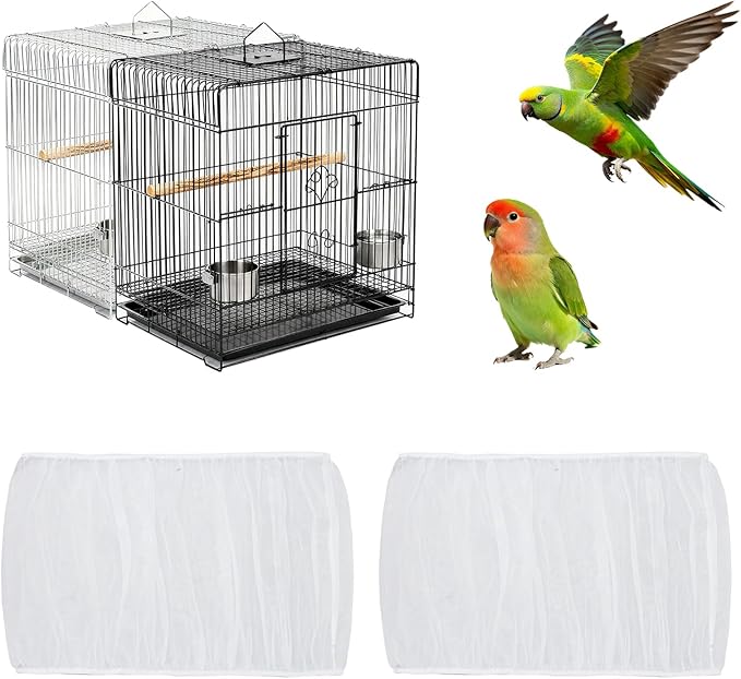 Fengek 2 Pack White Bird Cage Cover, Adjustable Bird Cage Seed Catcher, Parrot Nylon Mesh Net Cover with Elastic Band Fit Round, Square & Rectangular Cages for Cleanliness & Night Use (XXL)