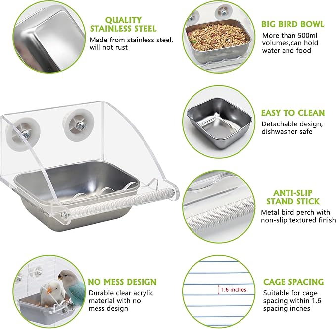 BNOSDM Bird Feeder for Cage with Stainless Steel Food & Water Bowl Acrylic Parakeet Seed Dishes with Anti-Slip Perch Stand for Parrot, Cockatiel, Lovebird, Canary, Finch,Conure,Cockatoo, Pigeon