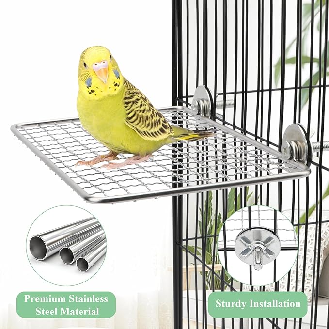 Hypeety 2pcs Stainless Steel Bird Perch Open-Grid Perch for Small and Large Parrots Claw-Friendly Grip Perch Easy Clean Cage Stand Bird Cage Platform for Budgies Cockatiels Conures Quakers Lovebirds