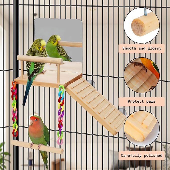Bird Perches Platform Swing with Bird Mirror Climbing Ladder Birds Toys Cage Accessories for Cockatiels, Lovebirds, Pacific Parrotlets,Chinchilla, Hamster Play Gym Exercise Stand (with Mirror)