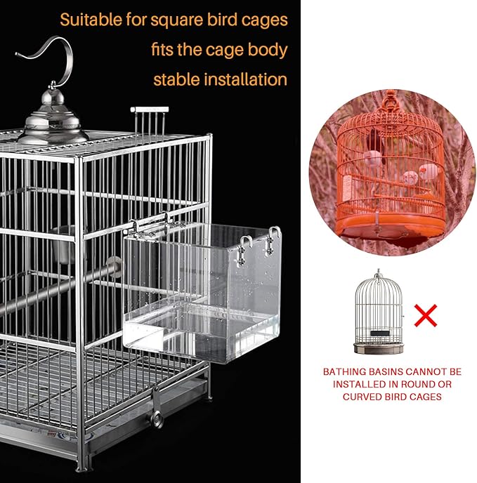 Bird Bath for Cage No-Leakage 6.4inch x 6.4inch Acrylic Clear Bird Bathtub Parrot Parakeets Shower Bird Feeder for Cage Bathtub Box for Small Bird Parrot with 4 Hooks