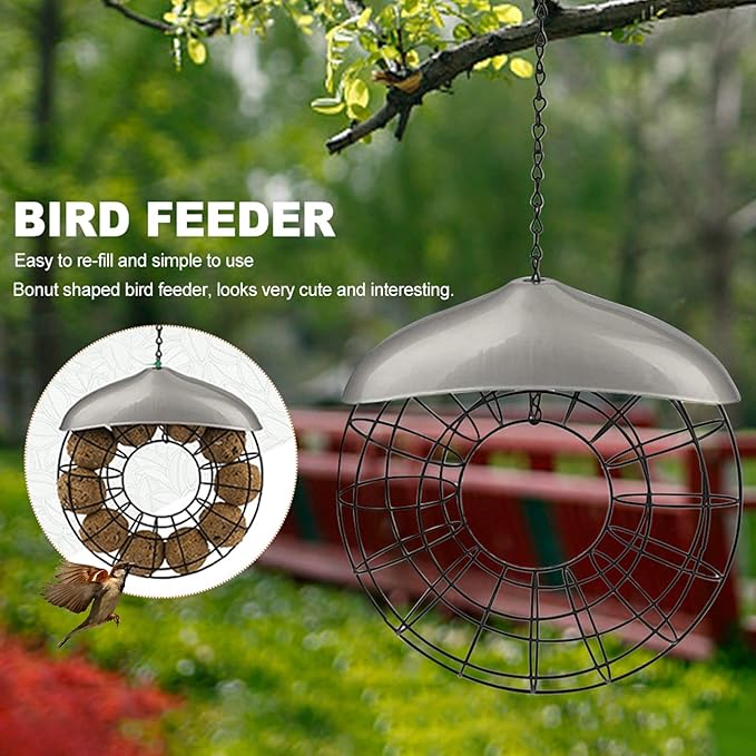 Fat Ball Stand, Fat Ball Feeder for Bird Feeder, Hanging Round Shape Metal, Food Ring Dispenser with Lid