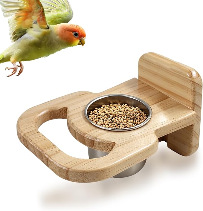 Bird Feeding Cup with Platform, Hanging Stainless Steel Parrot Feeding Bowl, Wooden Perch Stand, Bird Cage Food and Water Feeder for Parakeets, Cockatiels and Lovebirds