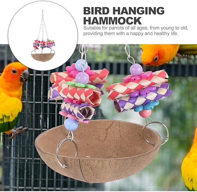 Bird Hammock Coconut Shell Hamster Nest Parrot Cage with Chain Charm and Fake Flower for Pet Hanging Bed (5x11”)