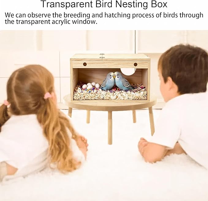 Tfwadmx Parakeet Nesting Box, Transparent Bird Nest Breeding Box, Wood Parrot Nest Box with Perch Bird Cage House for Cockatiel Lovebirds Budgie Canary Finch(S)