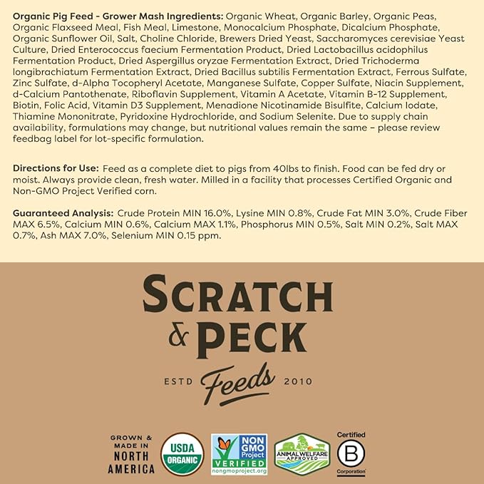 Scratch and Peck Feeds Whole Grain Grower Mash Pig Feed - Corn-Free and Soy-Free - 40 lbs Bag - 16% Protein, Certified Organic and Non-GMO Project Verified Pig Food