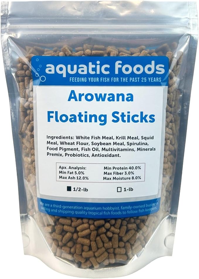 Arowana 3/16" x 3/8" 40% Protein Floating Sticks for Arowana, Oscars, Flower Horns, Red Parrots All Central and South American Cichlids...WL…1/2-lb Foil Pouch Bag