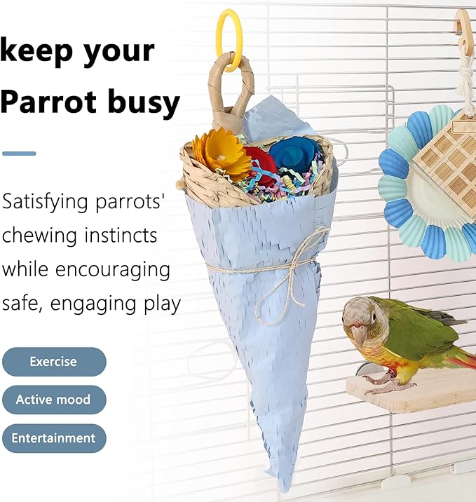 Parrot Chew Toys Set - Natural Wood & Loofah Toys with Plant-Based Dyes, 3 Pack Bird Chew Toys for Cockatiels, Conures & Small Parrots for Cage Enrichment (3 Pieces of Blue Series)