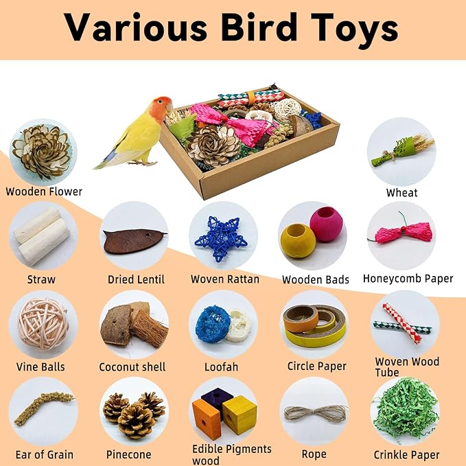 Bird Foraging Toys Parrot Chew Shredding Toys Bird Foraging Box for Parakeets Cockatiels Conures Lovebirds and Small to Medium Birds(Colorful)