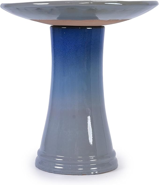 Ceramic Bird Bath for Outdoors, 18" H Weather-Resistant Birdbath for Garden Bird Watching, Pedestal Glazed Birdbaths, Ombre Blue