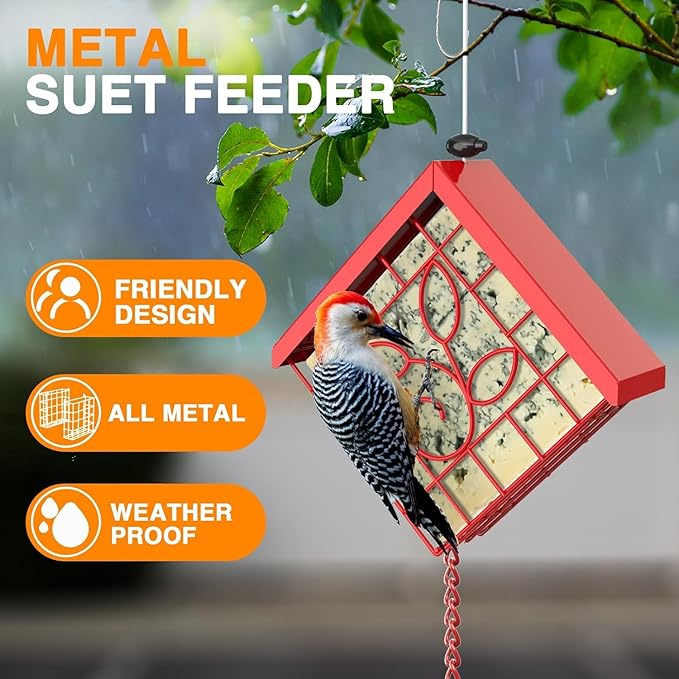 FlowaFoli Suet Bird Feeder, Metal Suet Feeder for Outside Hanging, Single Suet Cake Capacity, Fruit and Suet Feeder Style for Outside Hanging(Red)