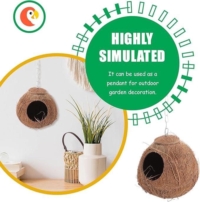Natural Coconut Shell Bird Nest,Hanging House,Parrots Hide Hut Habitats Decor,Parrot Cage Accessories for Lovebirds Cockatiel Canary Budgies