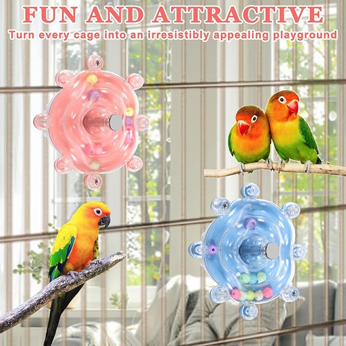 2 Pcs Bird Toys for Parakeets, Parrot Spinner Toy, Colorful Parakeet Toys Wheel, Interactive Spinner Rattle Parrot Toys for Bird Cage, Accessories for Entertainment Chewing Exercise, Color 2