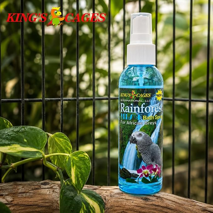 King's Cages Rainforest Mist Spray African Grey 8 oz. Feather Conditioning Spray with Baby Powder Scent for Medium Bird Breeds Skin Relief and Plumage Care