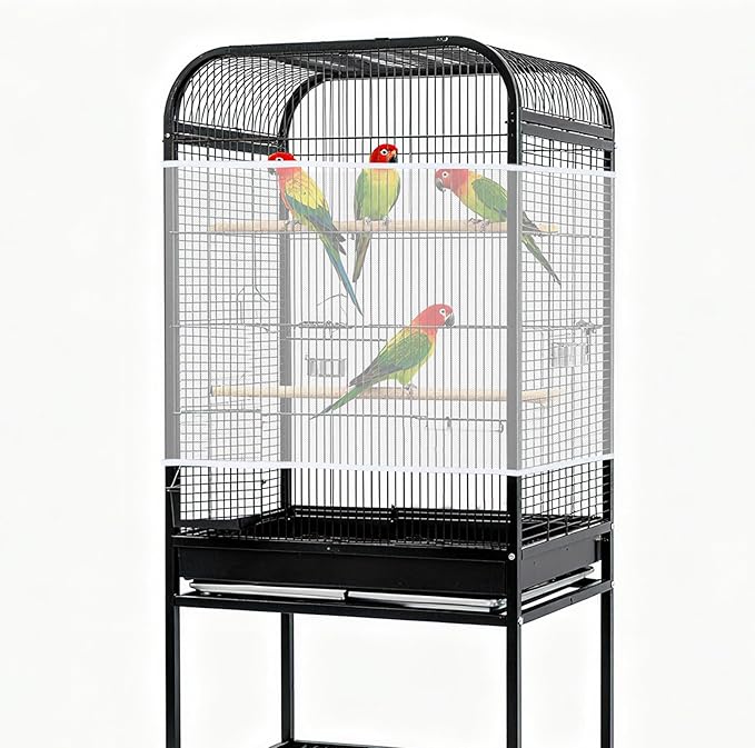 Fengek 2 Pcs Adjustable Bird Cage Cover & Seed Catcher Net - Stretchy Bird Cage Accessories for Night Cover & Seed Guard (White, XL)
