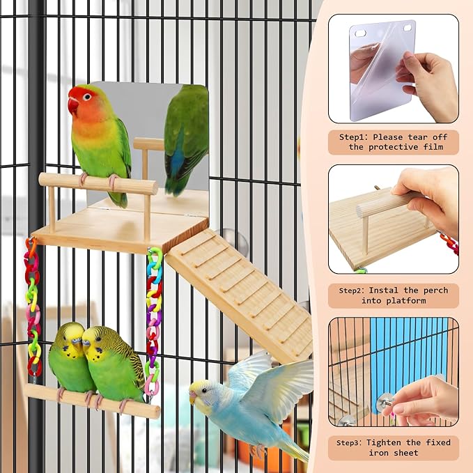 Bird Perches Platform Swing with Bird Mirror Climbing Ladder Birds Toys Cage Accessories for Cockatiels, Lovebirds, Pacific Parrotlets,Chinchilla, Hamster Play Gym Exercise Stand (with Mirror)