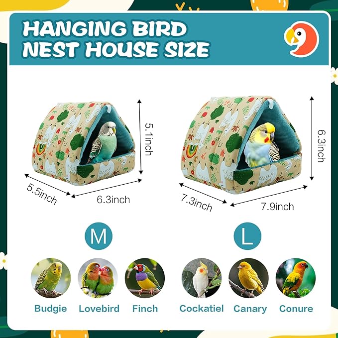 SUSOO Plush Warm Bird Bed - Hanging Bird Nest Snuggle Velvet Shed Tent Cage Fluffy Hut Winter Sleeping Hideaway Hammock House for Parrot Parakeet Conure Cockatiel Budgies Lovebird (Green, M)