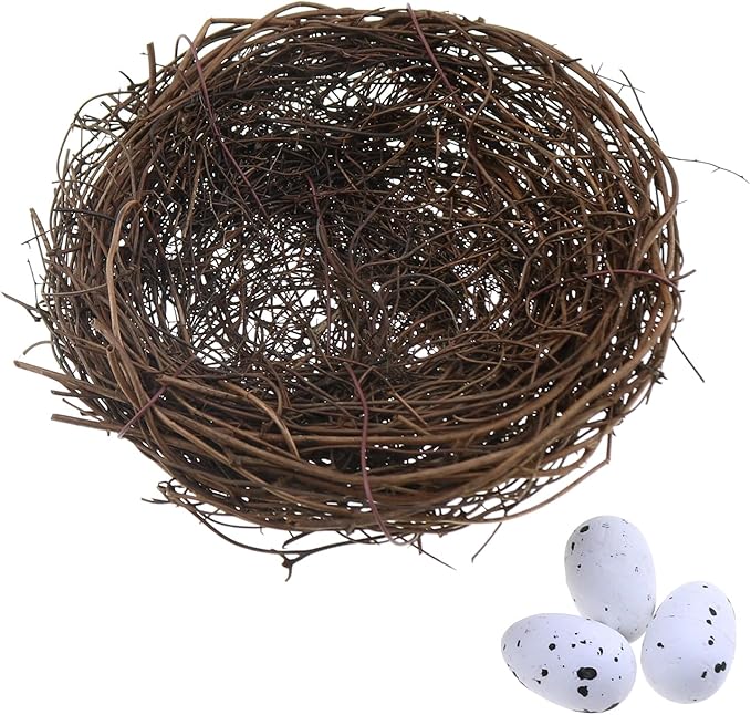 2PCS 4.7 Inch Brown Dry Rattan Handmade Artificial Bird Nest Decoration with Faux Bird Egg Crafts Bird Nest for Crafts Patio Garden Plant Planter