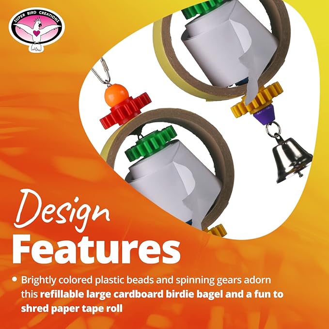 Super Bird Creations SB628 Tape Dispenser Bird Toy - Cardboard Bagel with Machine Paper, Chewable & Shredding Components, Sensory Bell, African Greys Parrots Small Cockatoos, Large Bird Size 14"x5"