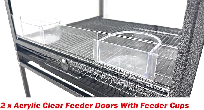 Elegant Sturdy Wrought Iron Bird Parrot Flight Cage Front Door Side Nesting Doors Acrylic Clear Bottom Prevent Food Spillage Storage Shelf Removable Rolling Stand Lockable Wheels