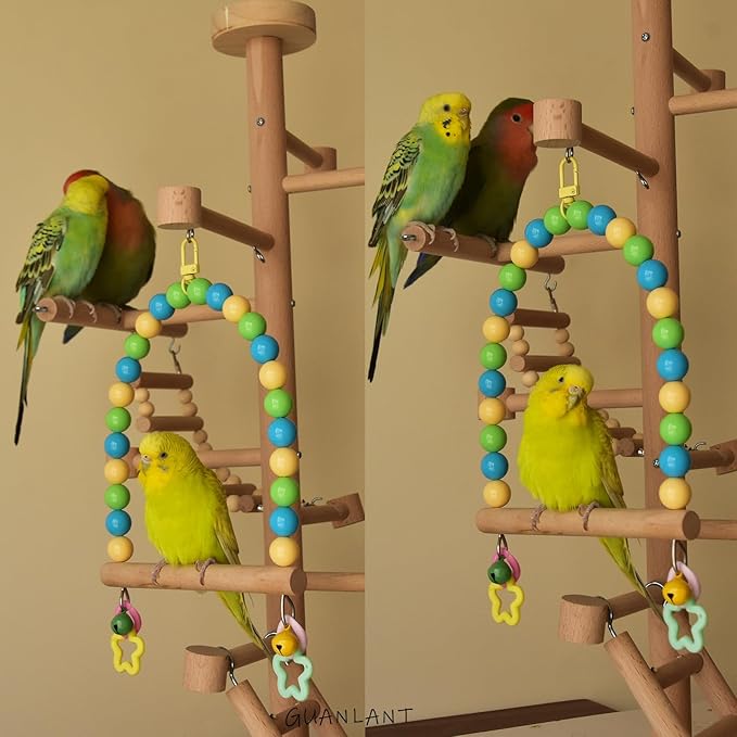 Wooden Bird Swing for Cage Large Parrot Hanging Toys with Colorful Beads Bell Cockatiel Perch Stand Parakeet Climbing Training Toy Playground Gym Birdcage Accessories for Macaws Quaker Conures