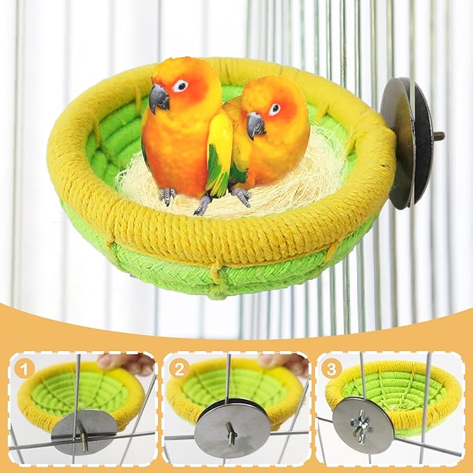 Cotton Rope Parakeet Nest Handmade Bird Breeding Nest Cockatiel Hatch Rope Bed Green Base Canary Snack Bowl for Parrot Conure Finch Budgie Lovebird
