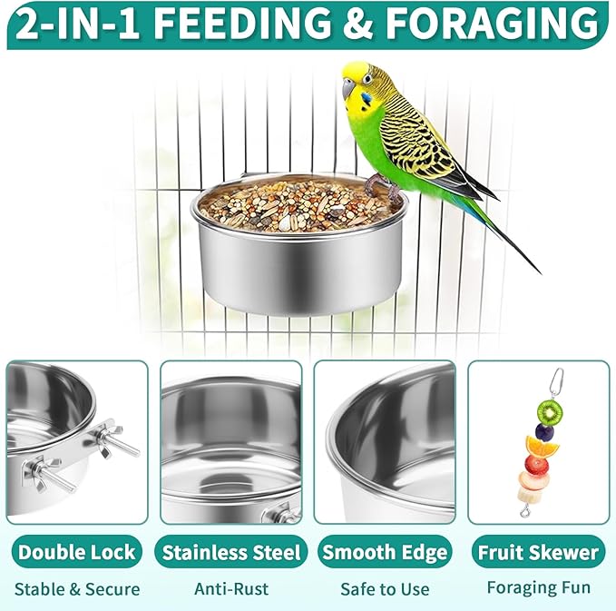 2 Pcs Bird Feeder Bowls with 2 Pcs Food Holder for Cage, Parrot Food Water Bowls and Fruit Skewer Foraging Toy, Stainless Steel Bird Feeding Dish Cups for Small Animals (Silvery, 4 Pcs)