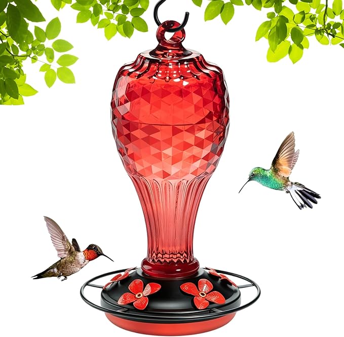 20 oz Hand-Blown Glass Hummingbird Feeder, Hanging Hot Air Balloon Design, Leak-Proof Silicone Seal, Ant-Proof, Outdoor Garden Decor Gift for Mom, Red