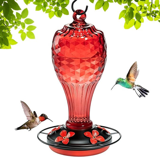 20 oz Hand-Blown Glass Hummingbird Feeder, Hanging Hot Air Balloon Design, Leak-Proof Silicone Seal, Ant-Proof, Outdoor Garden Decor Gift for Mom, Red