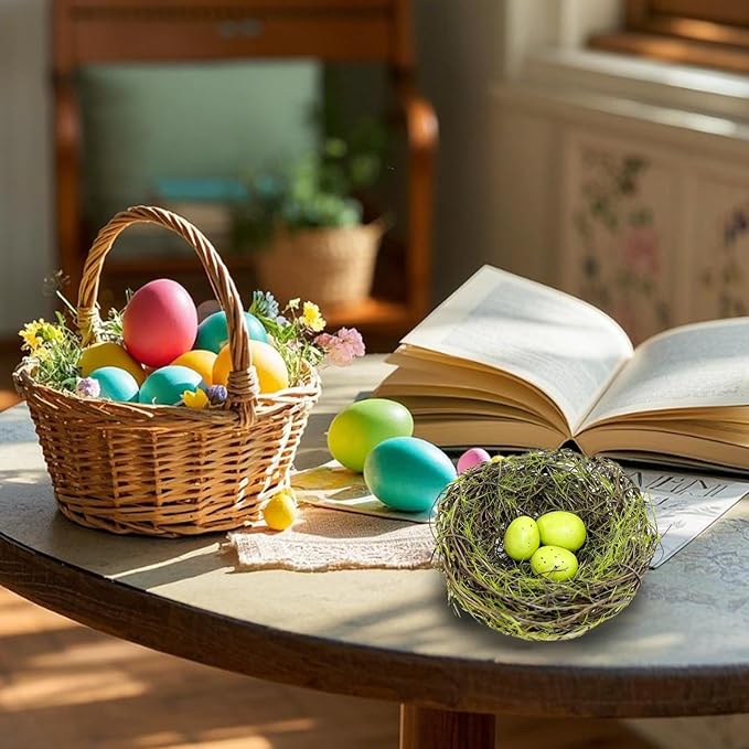 Small Faux Bird Nest with Eggs, Artificial Birds Nest with Eggs Artificial Rattan Nest for Crafts, Spring/Easter Centerpiece Home Party Easter Decoration