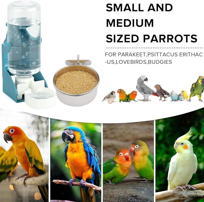 2 Pcs Bird Water Feeder, Automatic Bird Water Dispenser & Stainless Steel Bird Food Bowl, Cage Accessories for Parrot & Hamster Parakeet Cockatiel Budgie Lovebirds (Feeders & Water)