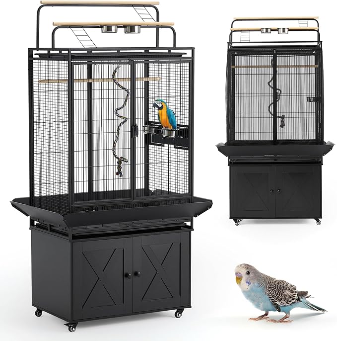 AVAWING 70-Inch Bird Cage with Play Top & Storage Cabinet, Tall Big Bird Flight Cage with Pull-Out Tray, Feeders, Cover, Stand, Rope, Metal Bird Aviary for Macaw Parakeet Cockatiel Budgie, Black